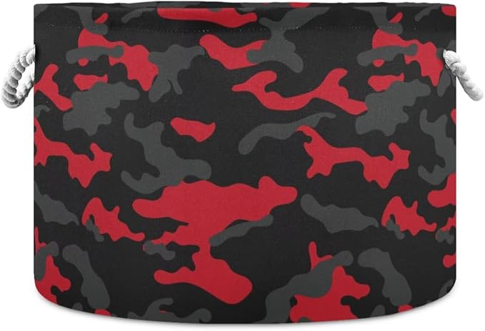 Red Black Camo Print Collapsible Round Storage Basket with Handles | Hunter Camouflage Large Laundry Baskets Hamper, Clothes Organizer Bin for Bedroom Living Room Decor, 20x 20x 14 Inches