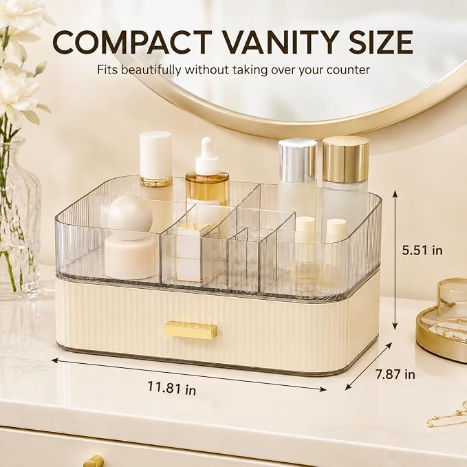 Makeup Organizer with Wide Drawer for Vanity, Stackable Cosmetic Organizer Countertop, Clear Skincare Storage for Bathroom Counter, Perfume, Lipstick, Brushes and Palettes, Cream White