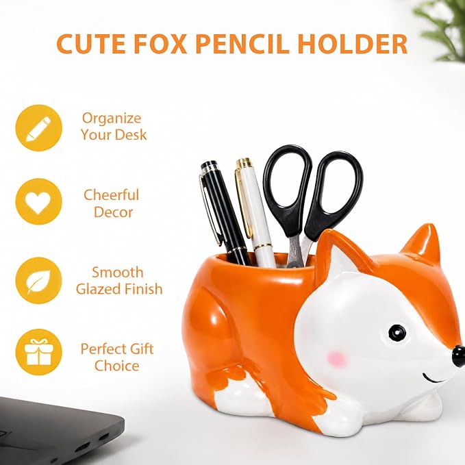 Ceramic Fox Shaped Pen Pencil Holder for Desk Decoration Accessories Fox Decor Makeup Brush Pen Cups Office School Ideal Gifts for Women, Mom or Birthdays
