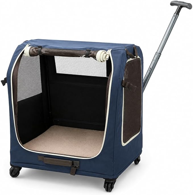 Foldable Rolling Pet Carrier Crate with Telescoping Handle | Soft-Sided Mesh Vents, 4 Smooth Wheels, Removable Inner Mat, Compact Flat Storage, Small to Medium Pets