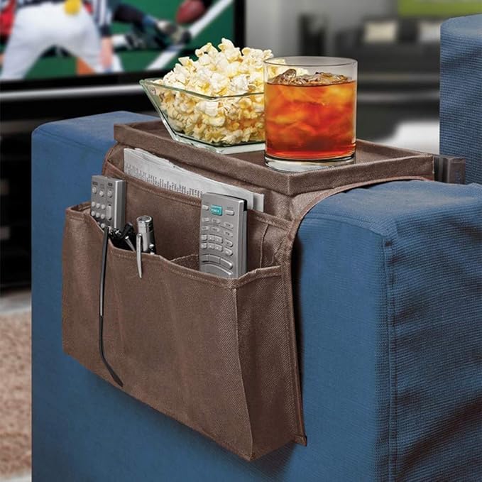 Sofa Armrest Organizer with Cup Holder Tray Chair Arm TV Remote Holder for Recliner Couch Armchair Caddy Bedside Storage Pockets Bag for Cellphone Tablet Book Magazines Drinks Holder Pouch