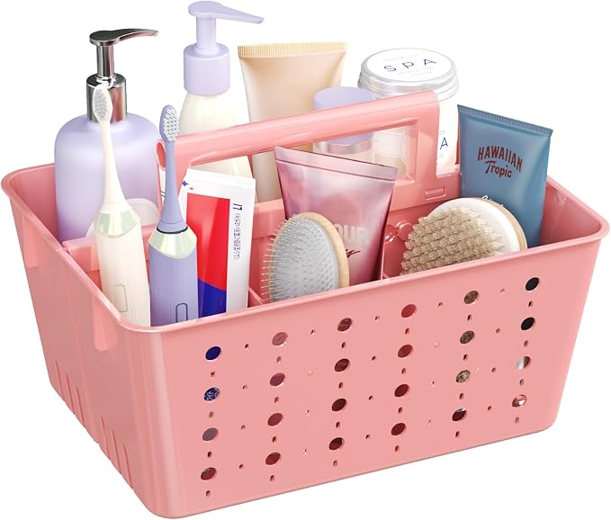 Lifewit Portable Shower Caddy, Plastic Basket Organizer, Pink, 1 Pack | Adjustable Dividers, Drain Design, College Dorm Room Essentials with Handle, for Bathroom