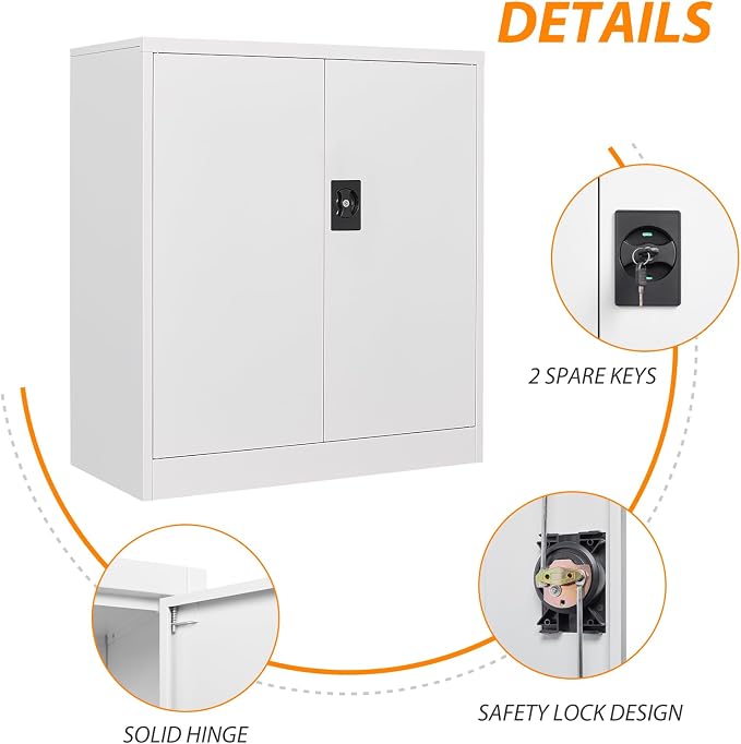 Metal Storage Cabinet, Lockable Storage Cabinet with 2 Doors and Shelves, Metal Cabinet with Lock, Small Lockable for Home Office(White)