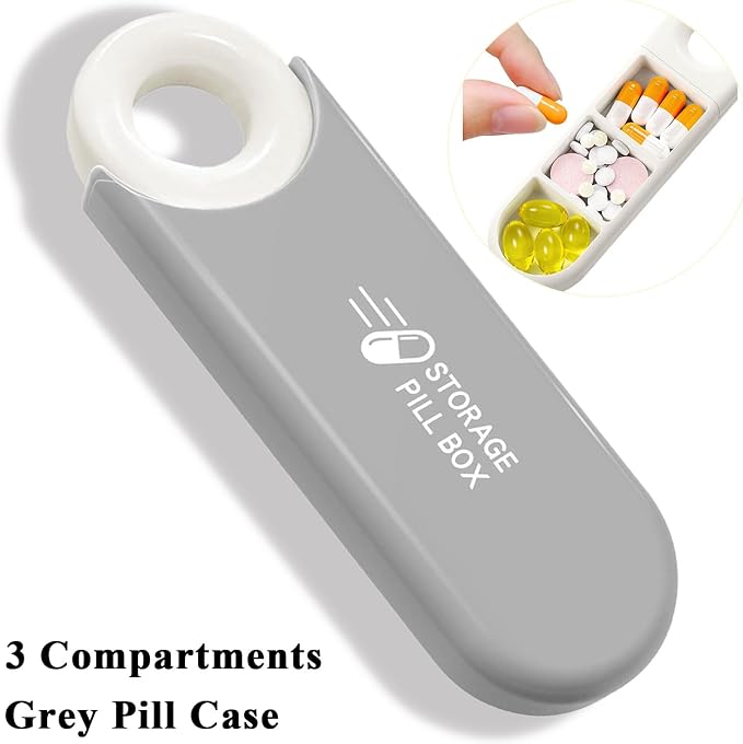 Cute Pill Organizer, Small Size Pill Case Dispenser with Pull Tab | 3 Compartment Compact Portable Daily Medicine Box for Vitamins, Medications, Fish Oils, Supplements, Capsules, Gray