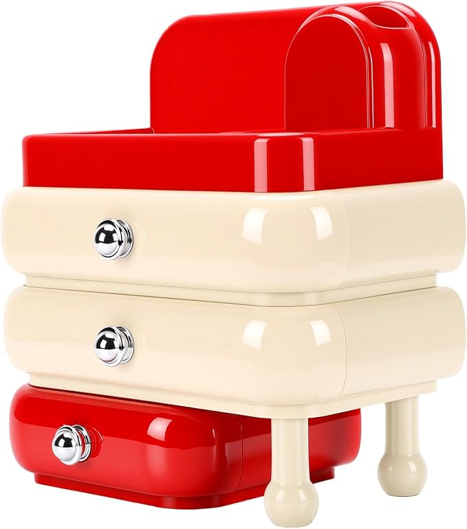 Yosoo Desktop Makeup Organizer with 3 Drawers Top Tray Dust Guard for Cosmetic Brushes Lipstick Skincare Storage (Red)