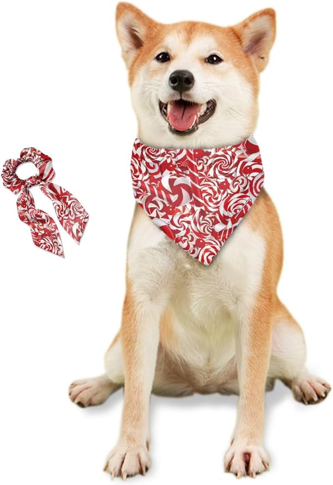COEQINE Christmas Dog Bandanas with Hair Tie Bows for Women Holiday Costume Pet Triangle Reversible Bibs Breed for Puppy and Adult Winter Clothes Decor,Red Candy Cane