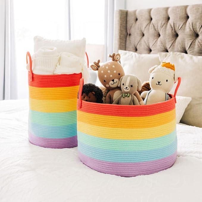 OrganiHaus Rainbow Laundry Basket & Hamper, Nursery Playroom 52L | Rainbow - Rainbow Cotton Rope Hamper, Nursery 52L