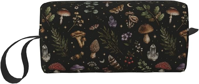 Dark Gothic Forest Botanical Makeup Bag for Women Mushroom | Small Travel Cosmetic Pouch with Zipper, Compact Makeup Organizer Bag for Purse, Toiletries, Skincare & Daily Essentials