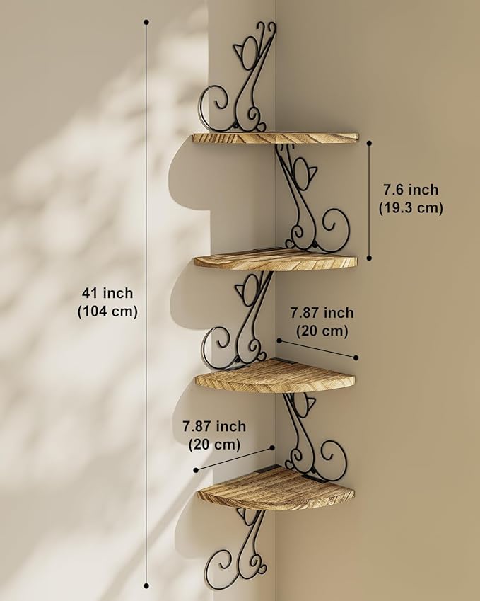 Alsonerbay 4-Tier Cat Shaped Corner Shelf Wall Mount, Carbonized Black | Curved solid wood, 35.2 lbs total capacity, reinforced metal bracket, rustic decor, for bedroom, living room & kitchen