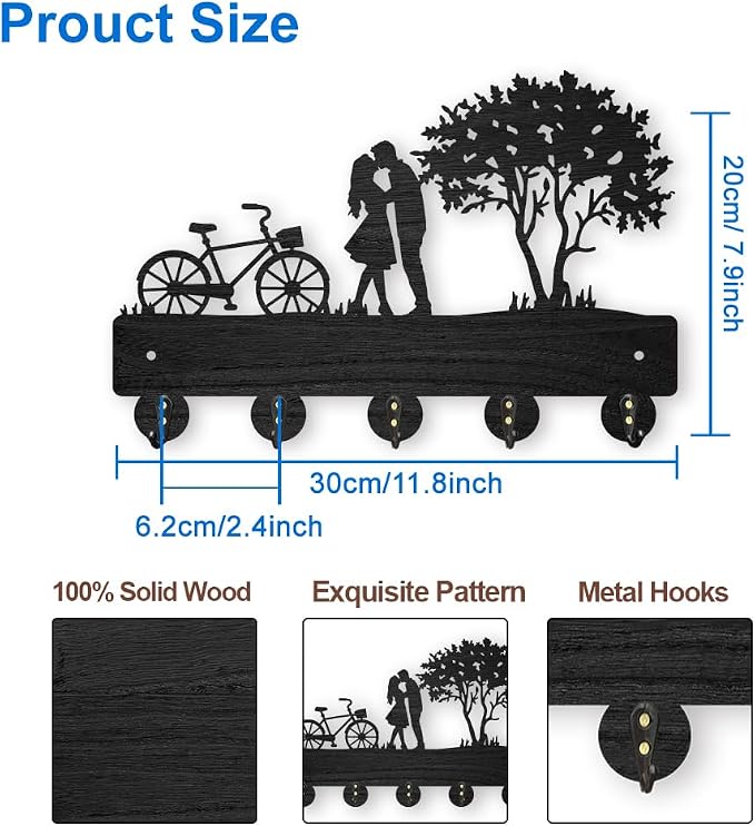 MAYJOYDIY Bicycle Couple Tree Coat Rack Wall Mount 11.8x7.9in Key Holder Decorative Wooden Coat Hanger Key Rack 5 Alloy Hooks for Valentine's Day Gift Wall Art Decor
