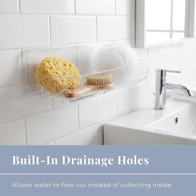 Long Adhesive Wall Organizer Shelf, No-Drill, Clear | BPA-Free PET, Built-In Drain Holes, Detachable, Extended Storage for Shampoo Bottles, Body Wash, Spice Jars
