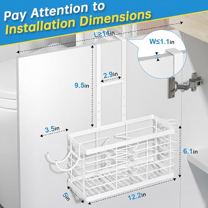 2026 Upgraded 3-in-1 Universal Hair Tool Organizer, XL Size, White | Adjustable Height Metal Hair Dryer Holder, Wall Mounted, Over Cabinet Door, Countertop, Bathroom Storage
