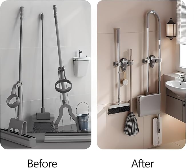 Wall Mount Broom Holder Mop Hanger Organizer - No Drilling PET & Silicone Grip for Bathroom, Kitchen, Laundry Room Storage Rack, Adjustable Angle, Heavy Duty Vacuum Suction (2pcs Gray)
