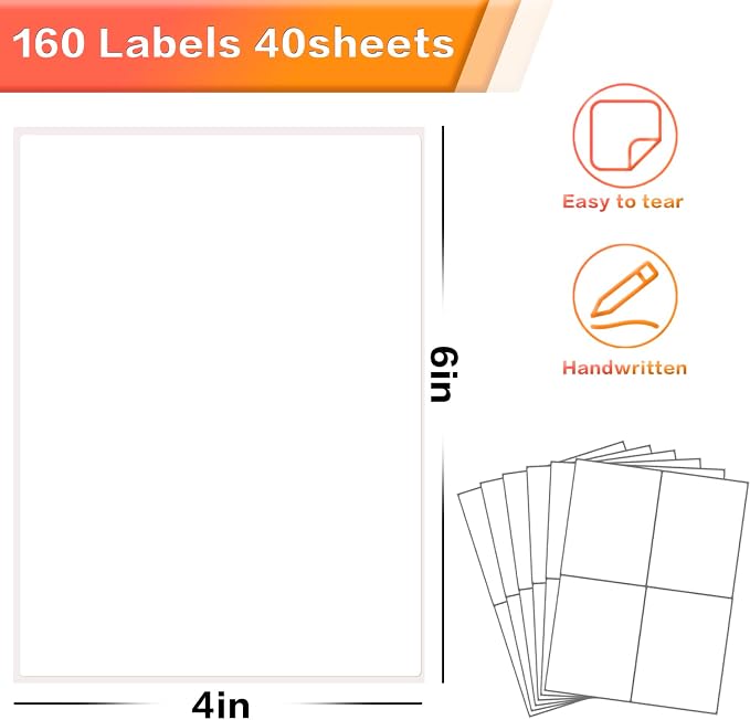 160 Pcs Removable Labels for Storage Bins - 6 X 4 inch, Tear Resistant & No Residue, Matte White Blank Box Labels for Home, School & Business Organization.