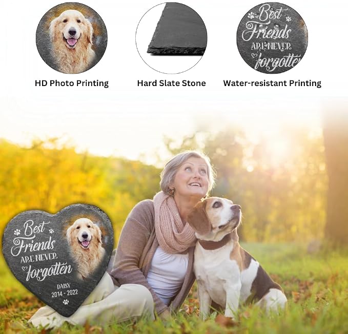 Wrappiness Pet Memorial Stone - Forever in My Heart, Personalized Dog Memorial Gifts, Remembrance Condolences Bereavement Gifts for Loss of Pet Custom Photo (Heart 01, Stone)