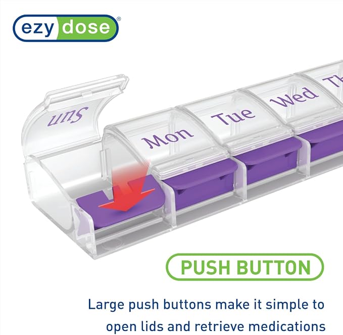 Ezy Dose Weekly (7-Day) Pill Organizer, X-Large Medicine Case, Purple/Clear | Daily Vitamin & Supplement Planner, Spacious Push-Button Compartments, Convenient & Easy to Use, Travel-Friendly, BPA-Free