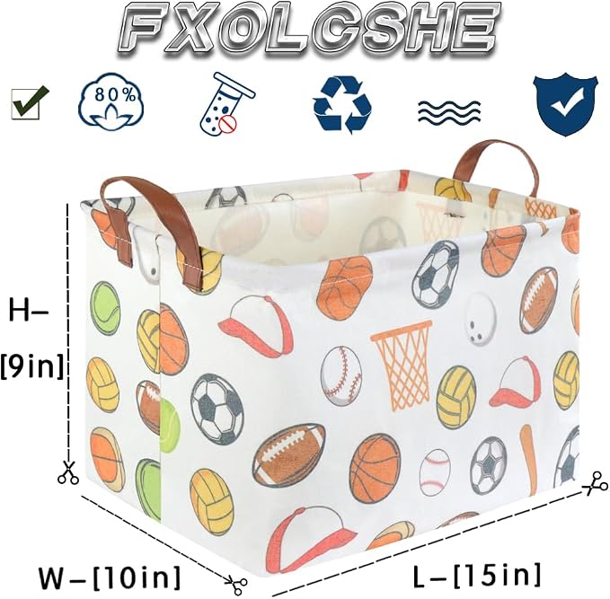 Rectangular Ball basket,Kids Storage Bins, Foldable and waterproof canvas kids basket organizer, Boys toy box,boys Room Decor,shelf basket(Ball game)
