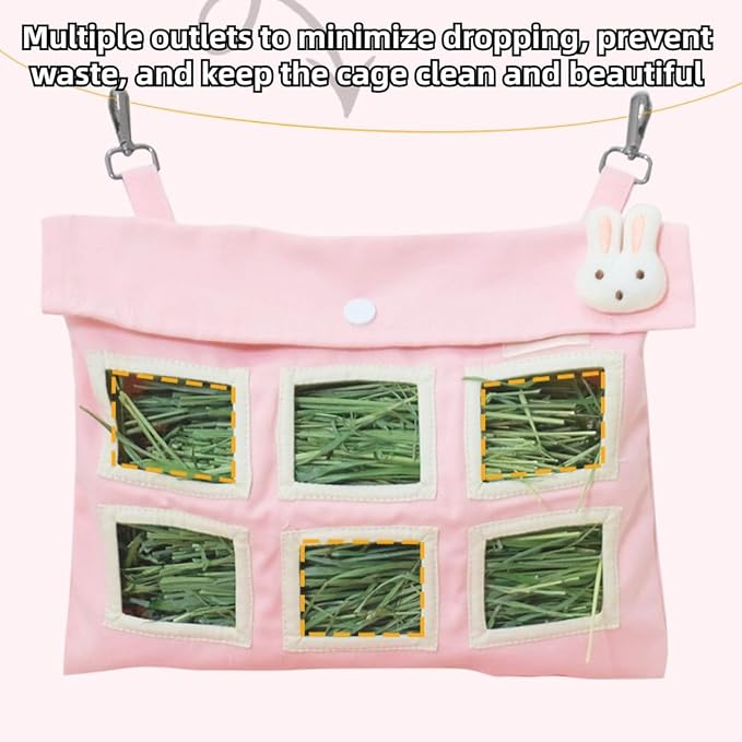 Rabbit Hay Feeder Bag with Cute Pendant, Storage Guinea Pig Feeder Rack Bag, Large Capacity Cotton Canvas Hanging Bag for Bunnies Chinchillas Guinea Pigs (Pink,XL)