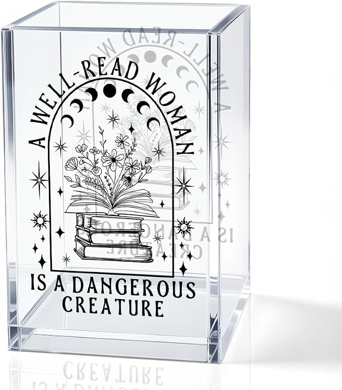 A Well-read Woman Is A Dangerous Creature Acrylic Pencil Holder Cup | Funny Floral Books Desk Organizer for Book Lover Bookish Bookworms Readers, Women Empowerment Gifts for Mom Sister BFF