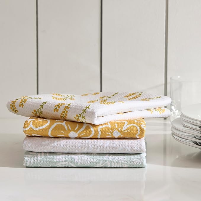 Set of 2 Waffle Kitchen Towels, Quick Dry Dish Towels, Absorbent Reusable Cleaning Tea Towels with Fern Leaf Print,18” x 30”, Housewarming Gifts