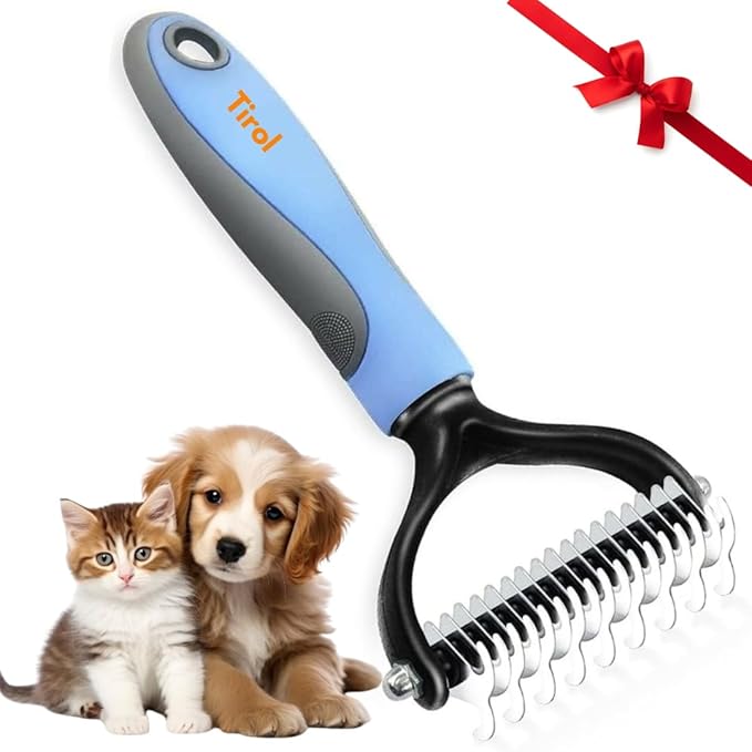 TIROL Dematting Comb for Dogs, Pet Grooming Rake, Double-Sided Dog Brush for Shedding, Undercoat Mat Dematting Tool for Long Haired Cats, Deshedding Brush for Cats, Cat Comb for Grooming Matting Hair