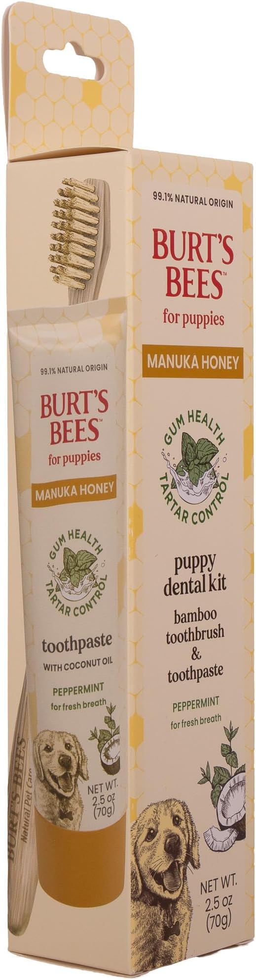 Burt's Bees for Pets Dental Kit for Puppies with Bamboo Toothbrush & Toothpaste with Manuka Honey & Coconut Oil for Gum Health & Tartar Control, 99.1% Natural Origin Formula, Peppermint, 2.5 oz