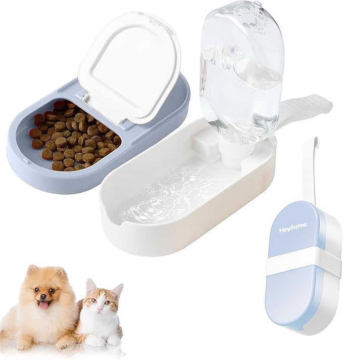 2-in-1 Dog Bowl & Water Bottle, Large Food Container for Dog Treats, Steak, Sticks, Bars - Portable Pet Dispenser for Hiking, Travel (Blue)