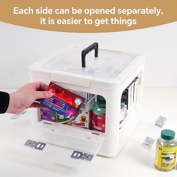 HEY FOLY 22qt Medicine Organizer Storage Box with 4-Side Opening Doors, White Foldable Medication Organizer Empty, Container Case Stackable First Aid Box for Home Storage