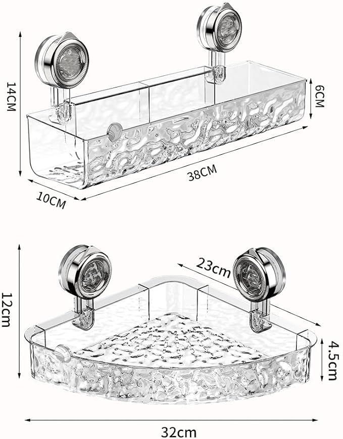No Drill Clear Wall Caddy, 2024 New Wall Mounted Organizer Shelf Light Luxury Style Glacier Pattern Suction Cup Shelf, Drill Free Removable Caddy Shower Organizer (Clear, Rectangle)