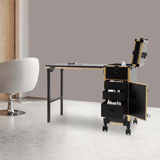 Rolling Manicure Desk Makeup Train Case, Foldable Nail Tables, Travel Cosmetic Trolley with Remote Control and Adapter for Hair Stylists, Pet Groomers, Makeup Artists (Black, Gold)