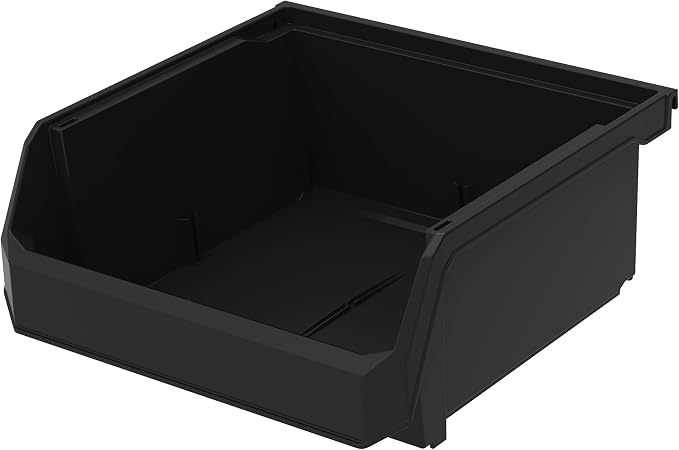 Medium-Wide Stackable Plastic Storage Bins, 4-Pack, Black | Open-Front Stackable Bins For Garage, Pantry, Closet & Office, 11"L X 11"W X 5"H, Nests When Empty, Durable Plastic
