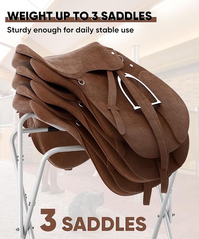 Queension Foldable Saddle Rack with Bottom Storage for Horse Stable, White | Portable Horse Saddle Stand for English & Western Saddles, Saddle Pad Rack for Horse tack, Horses Blanket