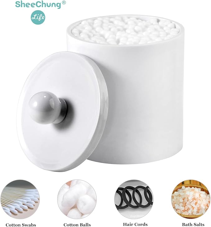 SheeChung 6 Pack Qtip Holder, White Acrylic Qtip Jars for Bathroom | (3) 10oz & (3) 12oz Shatterproof Qtip Holder Set-Bathroom Vanity Organizer for Cotton Swabs,Balls,Pads -Minimalist Decor