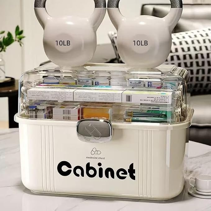 Family First Aid Medical Box - Large Capacity 3-Layer Portable Medicine Cabinet with Clear Organizer Trays, BPA-Free Plastic Storage Case for Home, Travel, Emergency Supplies (White)