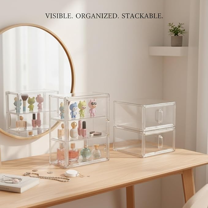Clear PET Stackable Storage Box with Dividers, Transparent Display Organizer for Desktop Essentials