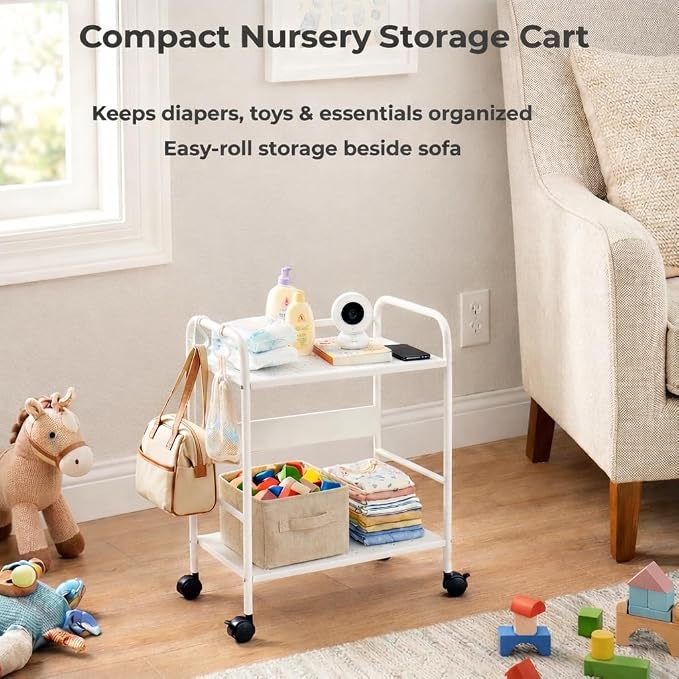 2-Tier Metal Rolling Cart, Compact Under Desk Storage Organizer | 12.2" clearance fits binders and tall bottles, compact mobile shelf with anti-drop guard for home & office. White.