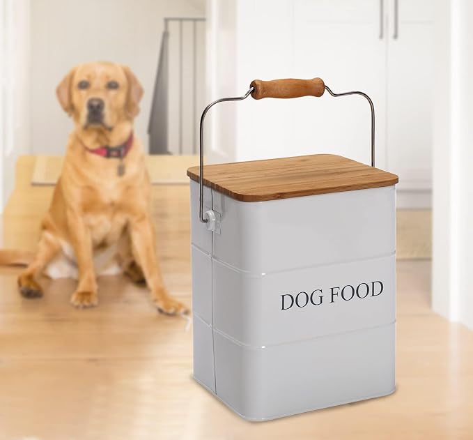 Morezi Metal Dog Food Storage Container 5~6 lbs, Pet Food Treat Canister | Airtight Dog Treat Food Storage Tin with Wooden Lid and Scoop- Powder Coated Carbon Steel- for Dry Dog Cat Food Kibble-White