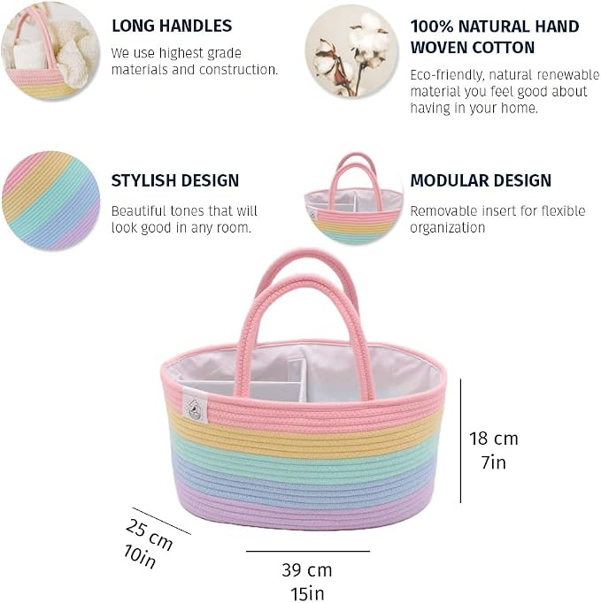 OrganiHaus Pastel Rainbow Rope Diaper Caddy Organizer, Nursery Basket | Woven handles; a toy bin, laundry bin, or newborn essentials storage; great for car, baby shower gifts, or bedroom decor