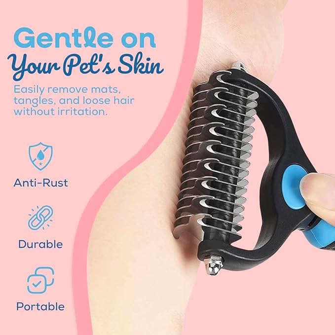 Sinko Shedding Brush For Dog and Cat, Grooming Brush with Extra Wide Double-Sided Stainless Teeth for Detangling, Deshedding, Brushing & Removing Shed Fur, Knots, Mats, and Tangles in Pets (Blue)