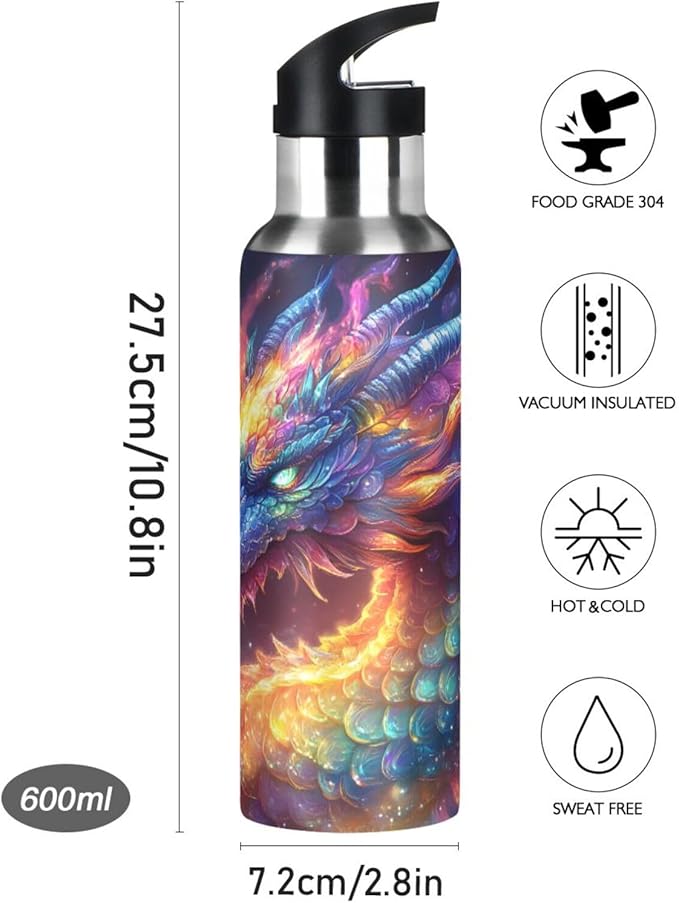 Colorful Rainbow Dragon Water Bottle with Straw Lid Kids Insulated Stainless Steel Water Flask Sports, 20 Oz Hot Cold