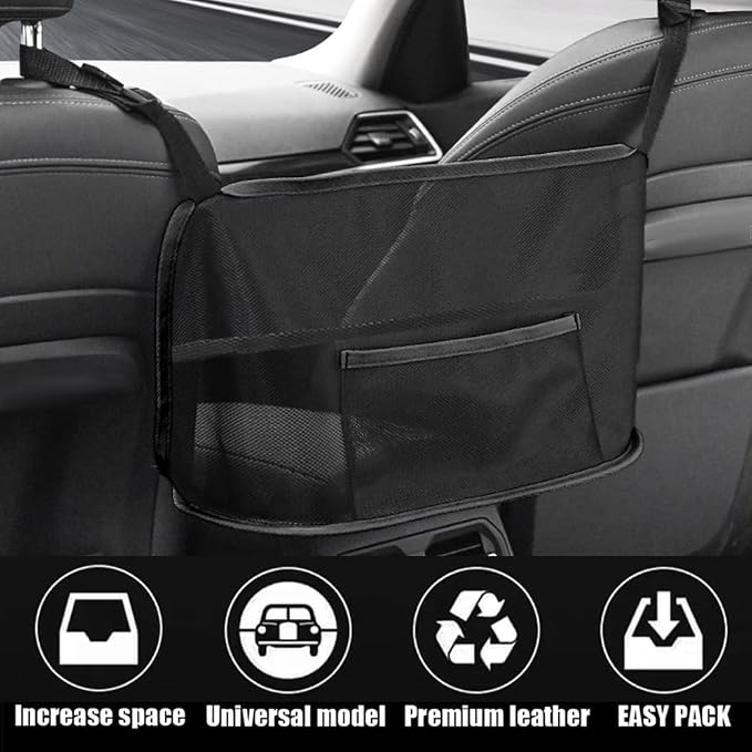 Car Net Pocket Handbag Holder - Auto Net Pocket Purse Holder Between Front Seats Car Storage Organizer, Universal Interior Accessories Barrier of Backseat Pet Kids (Black)