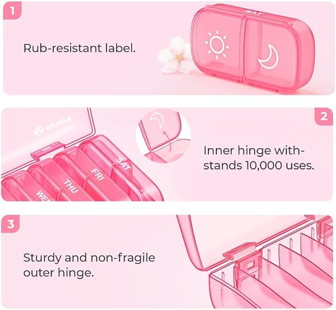 AUVON Weekly Pill Organizer 2 Times a Day, One-Side Large Opening, Easy‑Use | XL AM PM Pill Case, Travel Pill Box 7 Day, Medication Organizer for Medications, Vitamins, Fish Oils, Supplements, Pink