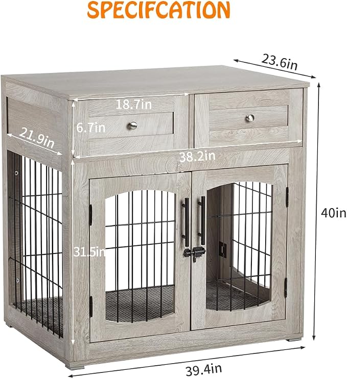 Dog Crate Furniture with Double Drawers, Wooden End Table Dog Kennel, Furniture Style Wood House Crate for Small/Medium/Large Dogs, Decorative Dog Crate with Storage for Large Breed, 40 Inch, Gray