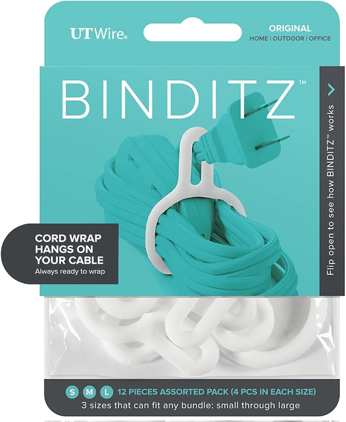 UT Wire Binditz for Home Attachable Silicon Cable Wrap Kitchen Small Appliances, Computer, Hair Dryer Cords in White Set of 12 Assorted Sizes, White