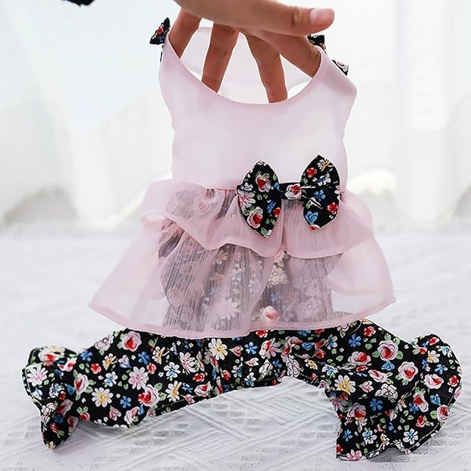 Vintage Floral Bowknot Sleeveless Romper for Small Dogs Cats Rabbits, Breathable Cotton Ruffle Flared Pants, Teacup to Small-Medium Pets for Walk Photo Vacation (Pink-Floral, Small)