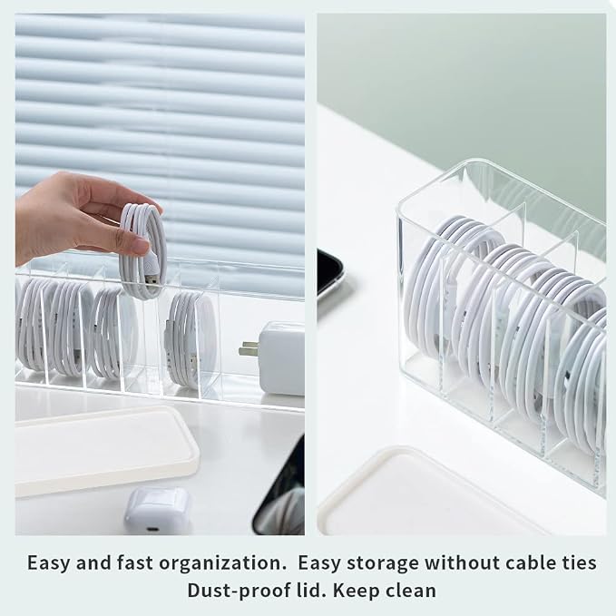 Charger Cable Cord Storage Organizer Box - Easy Storage Without Cable Ties | Stackable,with Lid,Dust-Proof,Space Saving,6 Standard Space and 1 Larger Space,for Home Office Desk Accessories Supplies