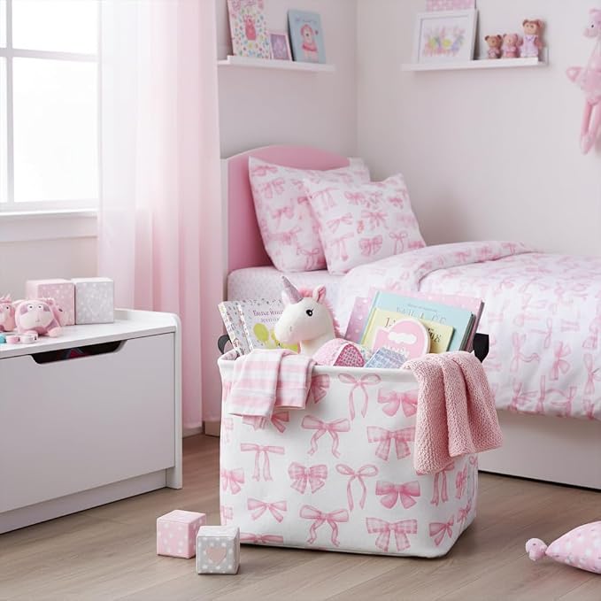Rectangular Kids Basket Baby Girl Basket Fabric Storage Bin Organizer Box Room Decor(Beautiful Bowknot)