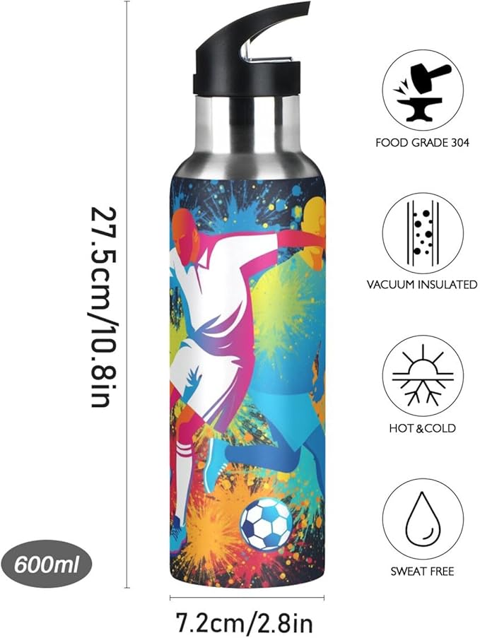 Soccer Ball Player Water Bottle with Straw Lid Kids Insulated Stainless Steel Water Flask Sports, 20 Oz Hot Cold