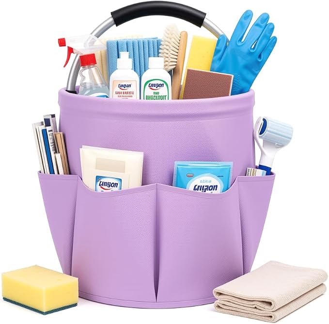 Cleaning Caddy with Handle, 17L Foldable Storage Basket, Heavy Duty 600D Oxford Cloth Organizer, Portable Supply Bag, Multi-Purpose Supplies Caddy for Home, Bathroom, Kitchen, Garden - Purple