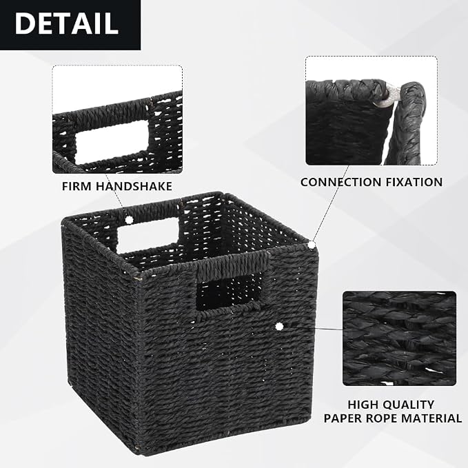 6 Pack 8.7 Inch Wicker Baskets | Hand Paper Rope Storage Baskets，Foldable Cube Storage Bins Organizer Square Wicker Cubes for Shelves (Black)